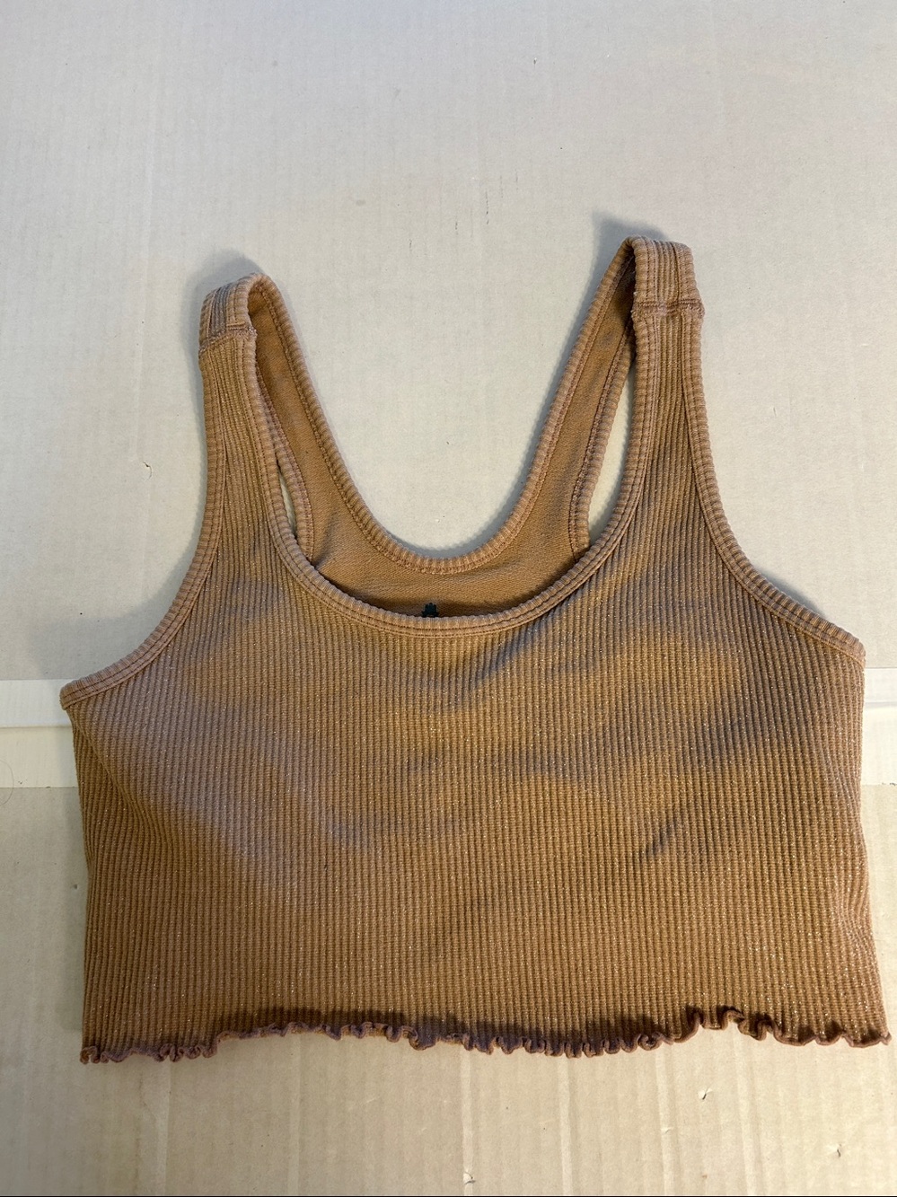 Spiritual Gangster Womens Tan Metallic Ribbed Cropped Lettuce Edge Tank. Sz M - Picture 6 of 11